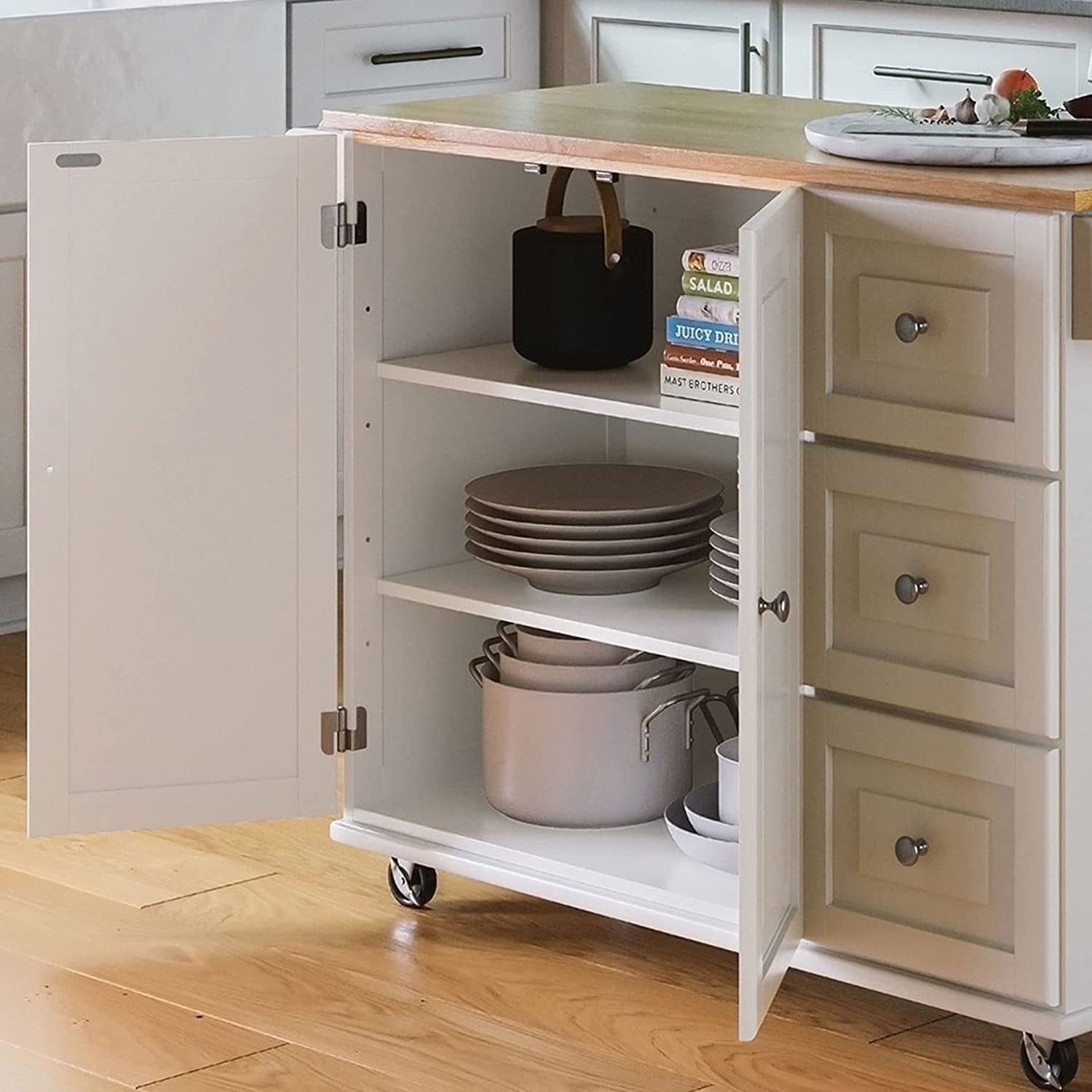 Mobile Kitchen Island Cart with Wood Drop Leaf Breakfast Bar, off White,Soft White, 54 Inch Width